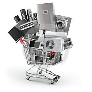 Home appliances in the shopping cart. E-commerce or online shopp photo