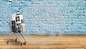 Home appliances in the shopping cart E-commerce or online shopping concept breack background 3d render photo
