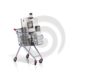 Home appliances in the shopping cart E-commerce or online shopping concept 3d render photo