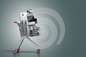 Home appliances in the shopping cart E-commerce or online shopping concept 3d render on grey gradient photo