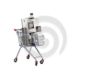 Home appliances in the shopping cart E-commerce or online shopping concept 3d render no shadow photo