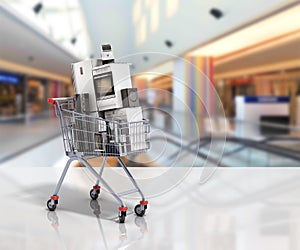 Home appliances in the shopping cart E-commerce or online shopping concept 3d render in store photo