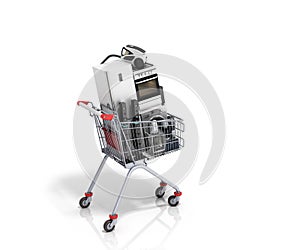 Home appliances in the shopping cart E-commerce or online shopping concept 3d render