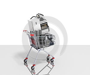 Home appliances in the shopping cart E-commerce or online shopping concept 3d render on glass flor