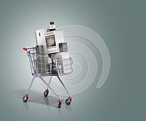 Home appliances in the shopping cart E-commerce or online shopping concept 3d render on grey