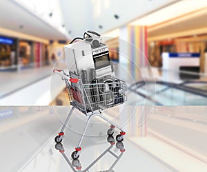 Home appliances in the shopping cart E-commerce or online shopping concept 3d render in marcet