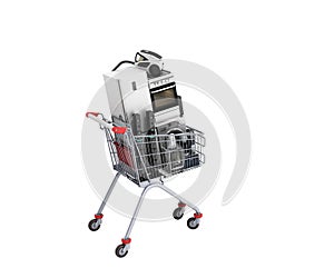 Home appliances in the shopping cart E-commerce or online shopping concept 3d render no shadow