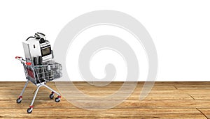 Home appliances in the shopping cart E-commerce or online shopping concept 3d render on wood flor