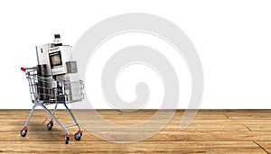 Home appliances in the shopping cart E-commerce or online shopping concept background 3d render