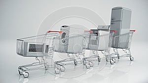 Home appliances in the shopping cart. E-commerce or online shopping concept. photo