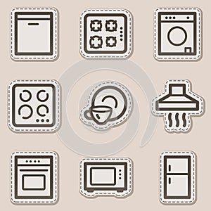 Home appliances web icons, brown contour sticker