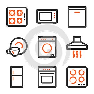 Home appliances web icons, orange and gray contour