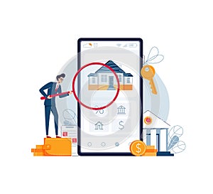 Home appraisal online vector illustration. Banker is doing property inspection of a house, holding a magnifying glass