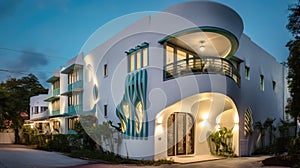 Home architecture design in Art Deco Style with Circular driveway