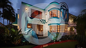 Home architecture design in Art Deco Style with Circular driveway