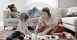 Home, art or mother painting with kid for education, design or relax as a family for child development. Creative project