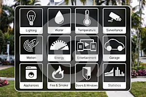 Home automation icons to control a smart home like light, water, surveillance, energy, smoke detection, motion sensors