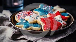 Home baked 4th July sugar cookies with colorful royal icing on a plate. Holiday pastry for Independence day baking with kids