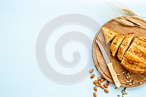 Home baked loaf with dried fruits and nuts, top view