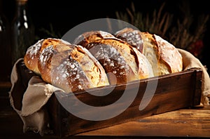 Home-baked loaved of bread in a wooden crate, dark table food setting