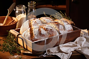 Home-baked loaved of bread in a wooden crate, dark table food setting