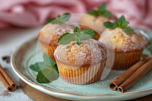 Home-baked muffins with cinnamon and mint on plat