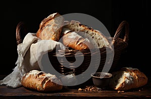 Home-baked sliced loaved of bread in a wooden crate, dark table food setting