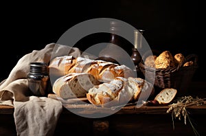 Home-baked sliced loaved of bread in a wooden crate, dark table food setting