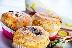 Home baked and tasty sweets on the blue background