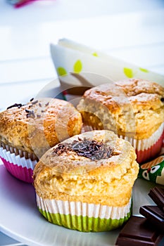 Home baked and tasty sweets on the blue background