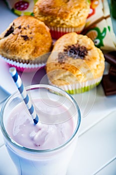 Home baked and tasty sweets on the blue background