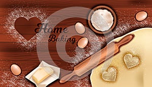 Home bakery concept with dough, rolling pin, flour, butter, egg on wooden table background.