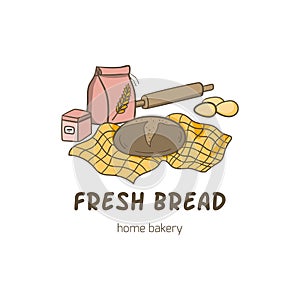 Home bakery doodle logo with fresh bread, flour, rolling pin. Small family business concept illustration for label, sale banner,