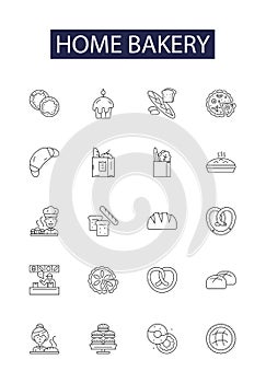 Home bakery line vector icons and signs. Home, Homemade, Cakes, Bread, Cookies, Pastry, Pies, Confections outline vector