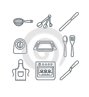 Home baking kitchen tools thin line vector icons