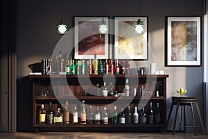 Home Bar: Create a set of images that showcase a sophisticated, well - stocked home bar. Generative AI