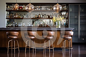 A home bar with open shelving, bar stools, and elegant glassware for entertaining in style.