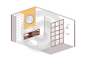 Home bathroom interior. Bath room with furniture, sanitary equipment, sink, mirror, shower. Isometric indoor project