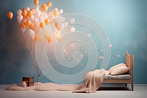 Home bed with balloons and aroma candle, concept of serendipity. Generative AI