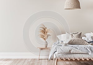 Home bedroom interior mockup with a wooden bed, beige and blue bedding