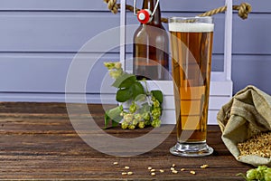 Home brewing concept. Still life with hops, beer and barley on a wooden background. Make a lager beer with natural ingredients.