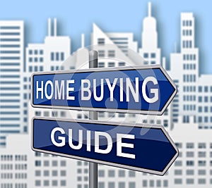 Home Buying Guide Sign Depicts Evaluation Of Buying Real Estate - 3d Illustration