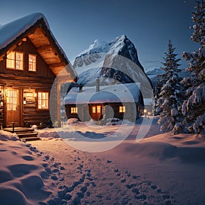 Home, cabin or house at night, Norwegian fishing village in Reine City, Lofoten islands, Nordland county,