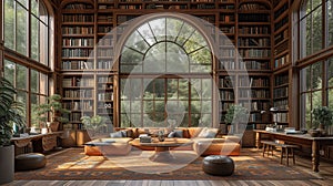 Home cabinet interior adorned with bookshelves laden with literary treasures and big windows