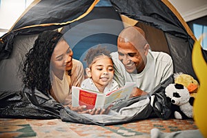 Home, camping and child reading story book, cartoon comic books and bonding with mother, father or happy family parents