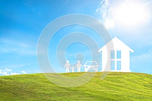 Home car family on green grass and blue sky. concept assurance