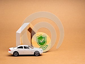 Home and car insurance concept. Hand holde green shield on wood badge with white toy car and modern house model is oled on brown