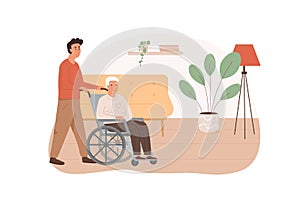 Home care services for elderly people. Old age man sitting on wheelchair and pushed by social worker. Residential care