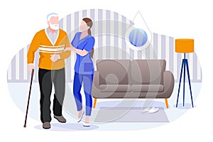 Home care services for seniors. Nurse or volunteer worker taking care of elderly man. Vector characters illustration