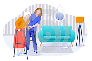 Home care services for seniors. Nurse or volunteer worker taking care of elderly woman. Vector characters illustration